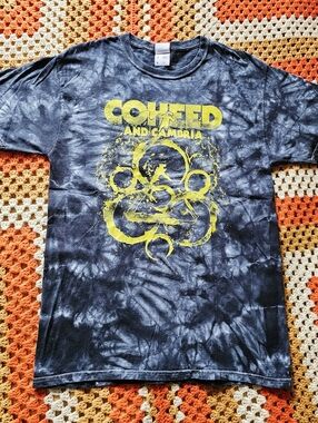 Coheed And Cambria Vintage Tie Dye Grey Black Yellow Keywork Logo Band Tee